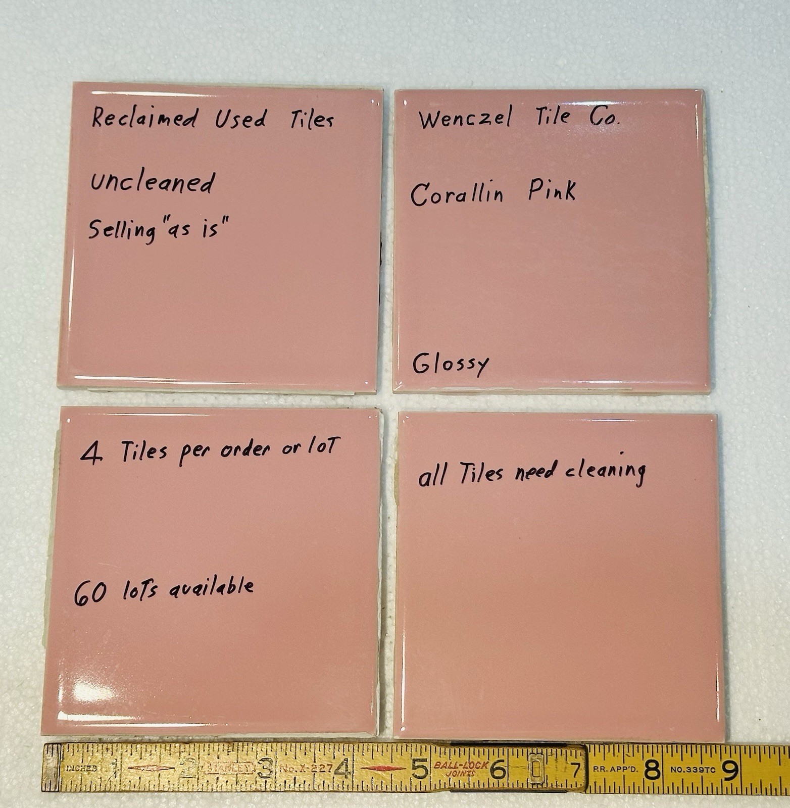 4 Corallin Pink Ceramic Tiles: by Wenczel Co. Used; all uncleaned & needs work