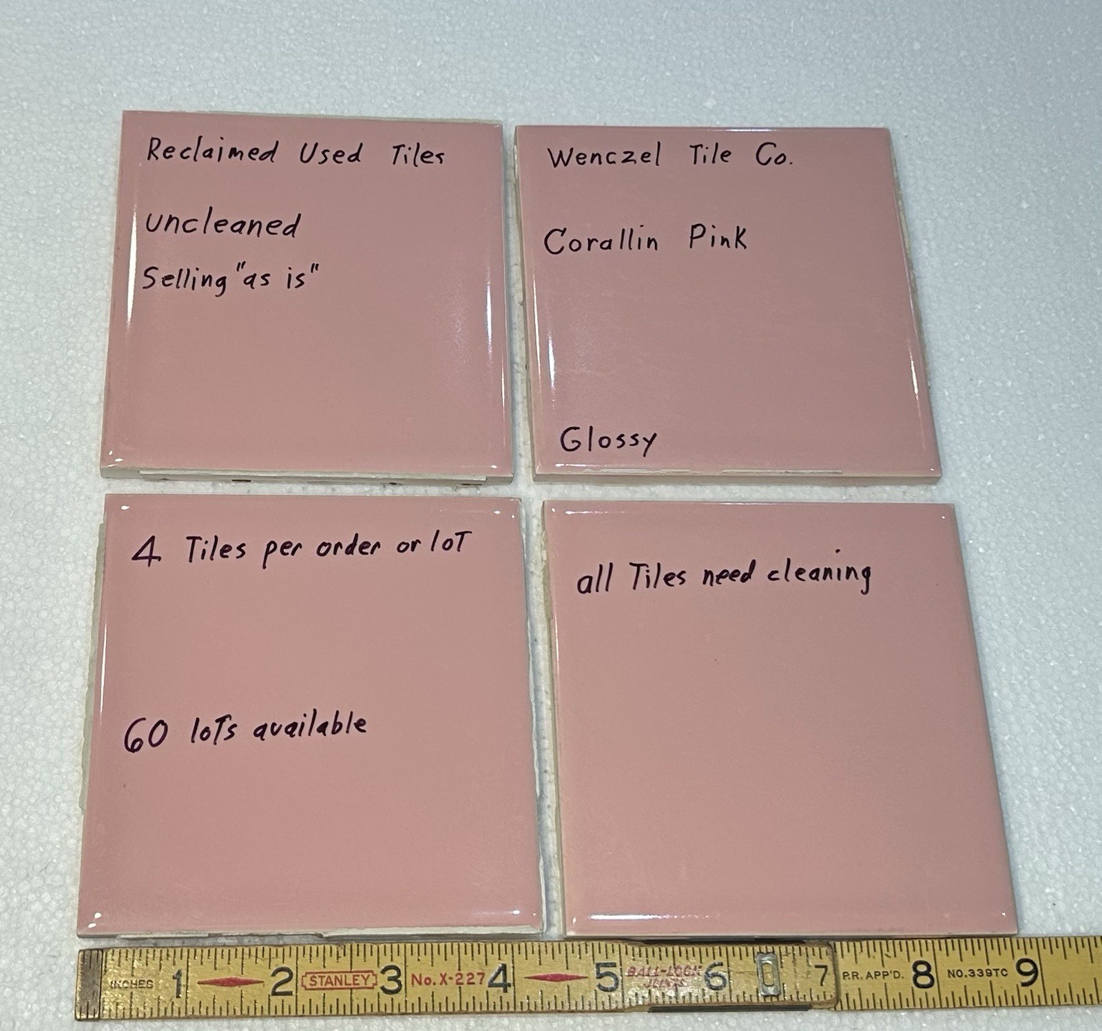 4 Corallin Pink Ceramic Tiles: by Wenczel Co. Used; all uncleaned & needs work