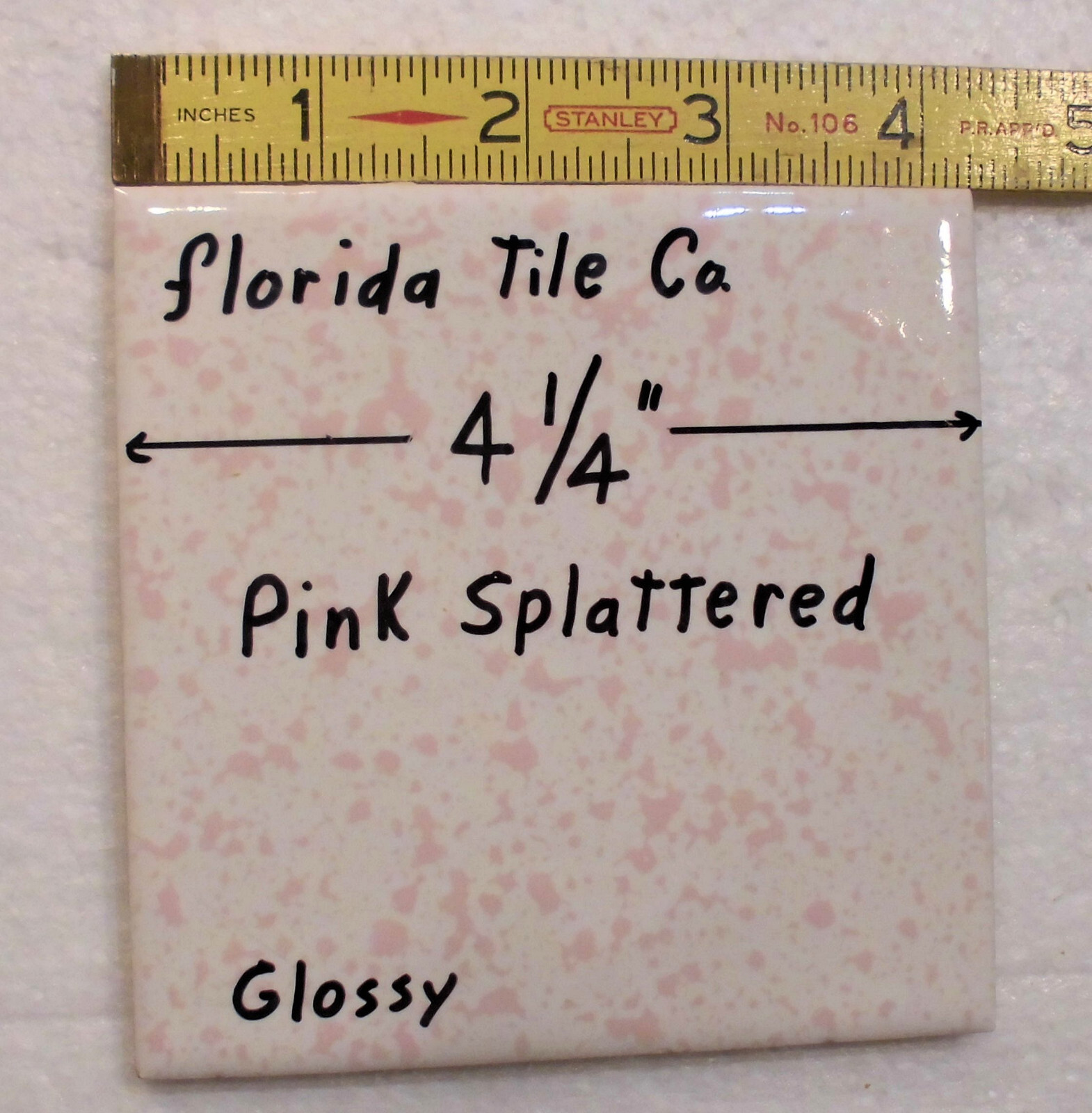 1 pc. “Pink Splattered” 4-1/4″ Glossy Ceramic Tile: Florida Co. Pink on White