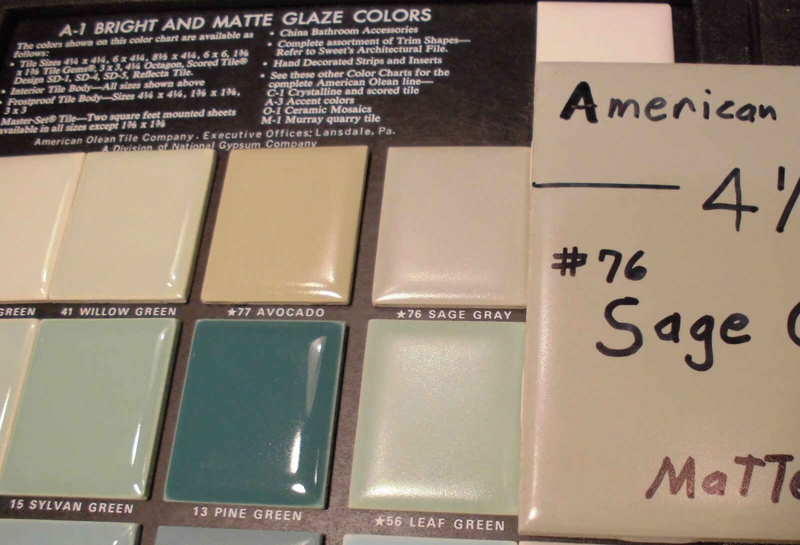 5 Ceramic Tiles *Sage Gray* by American Olean 4-1/4″ Greenest, Matte, NOS