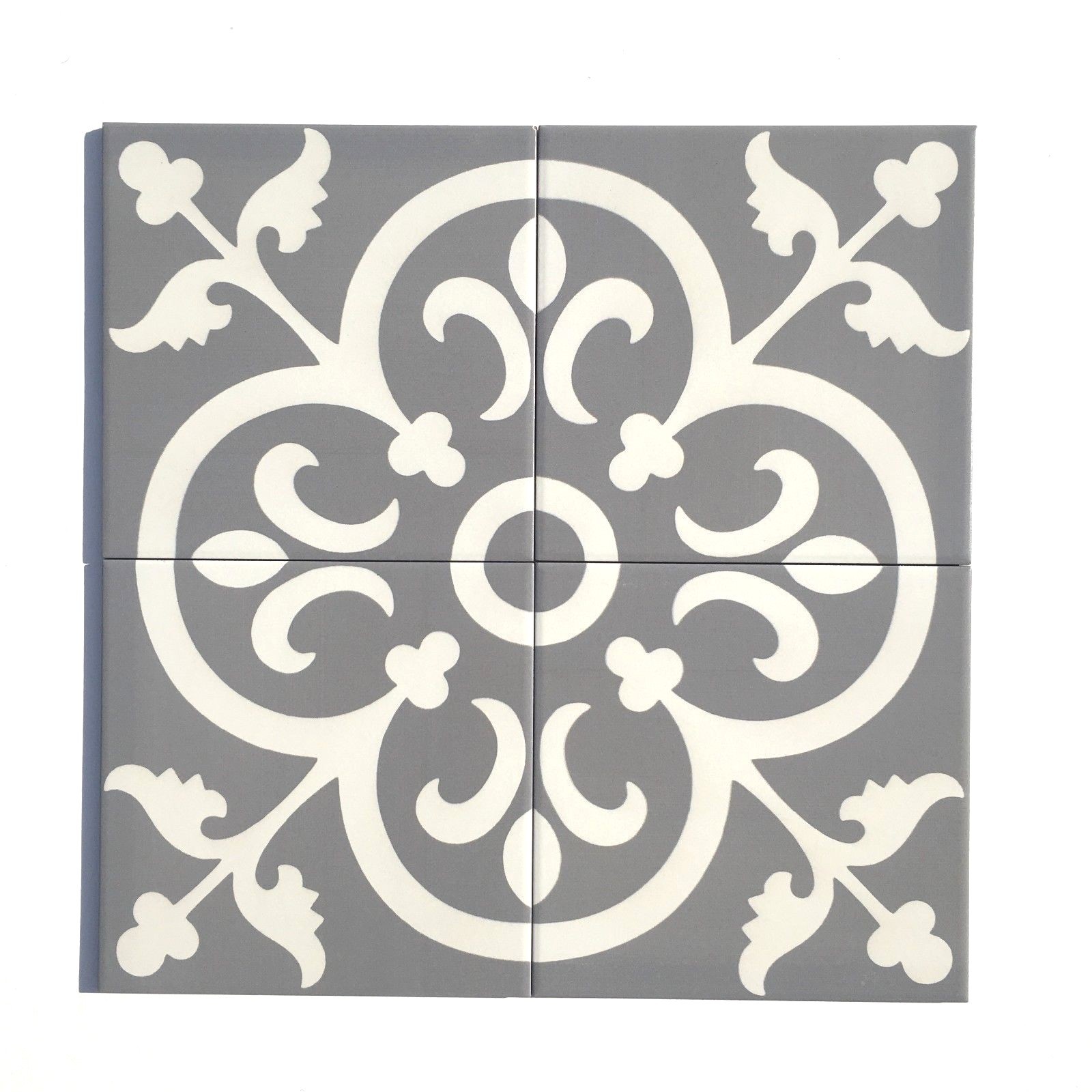 Flora Encaustic Soft Gray White 8×8 Satin Glaze Ceramic Tile (PER PIECE)