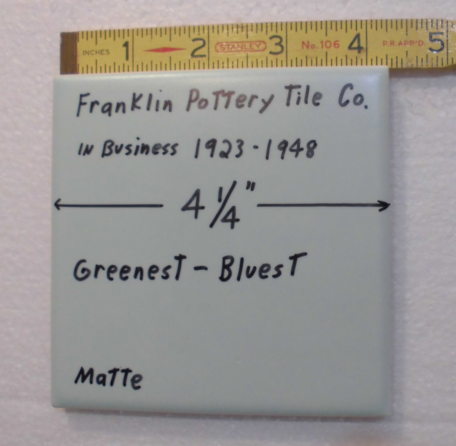 1 pc. Green – Blue: Matte Ceramic Tile by Franklin Co. 4-1/4″ Criteria 1930’s
