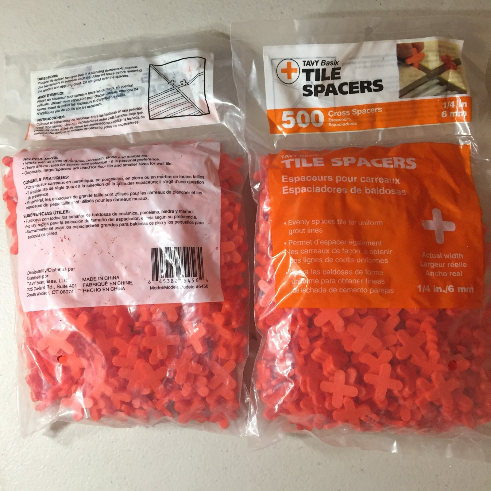Tavy Basix Tile Spacers 1/4in 6mm 500 Cross Pcs Orange Plastic 2 bags/1000 Pcs