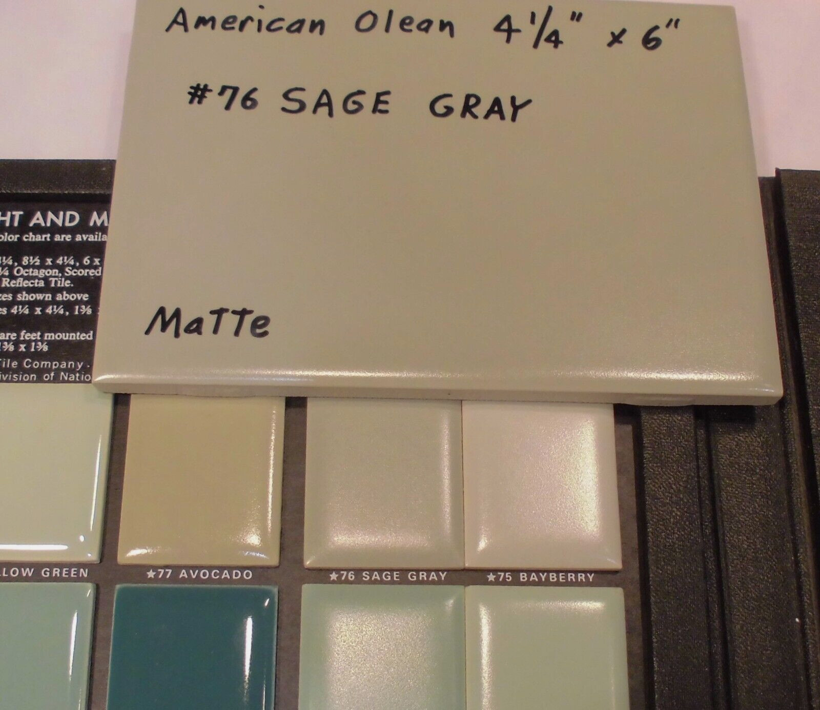 1 pc. Ceramic Matte Tile *Sage Gray* by American Olean 4-1/4″ X 6″ Green