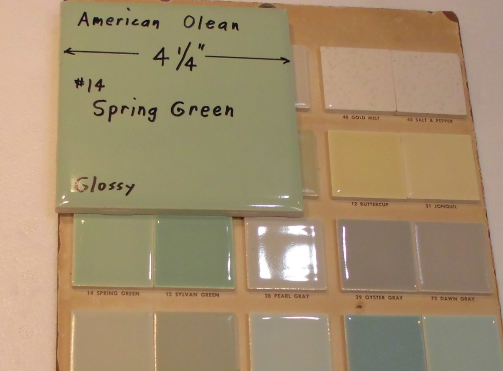 1 pc. Vintage Spring Green: 4-1/4″ Glossy Ceramic Tile by American Olean, NOS