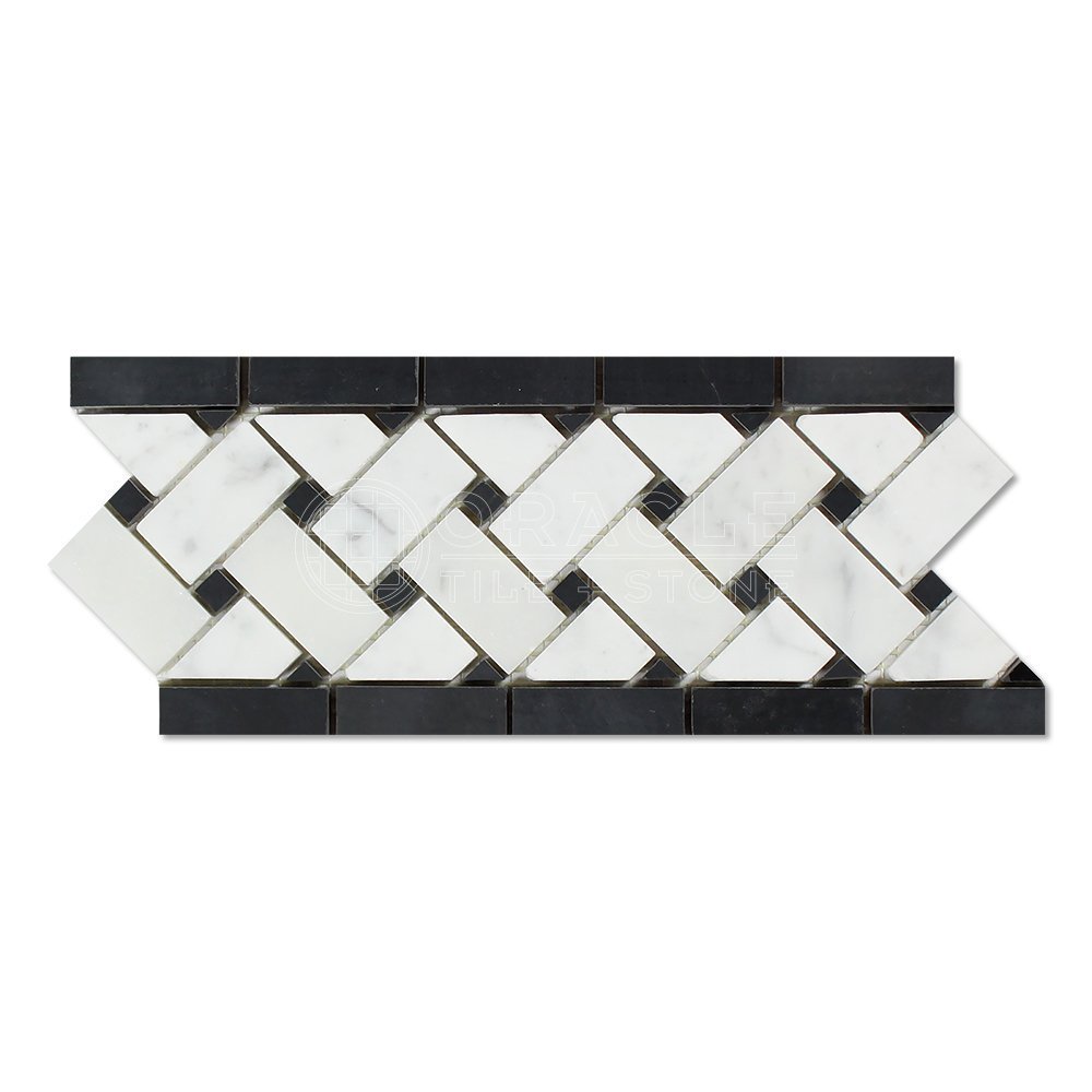Carrara White Italian (Bianco Carrara) Marble Basketweave Border Mosaic Tile