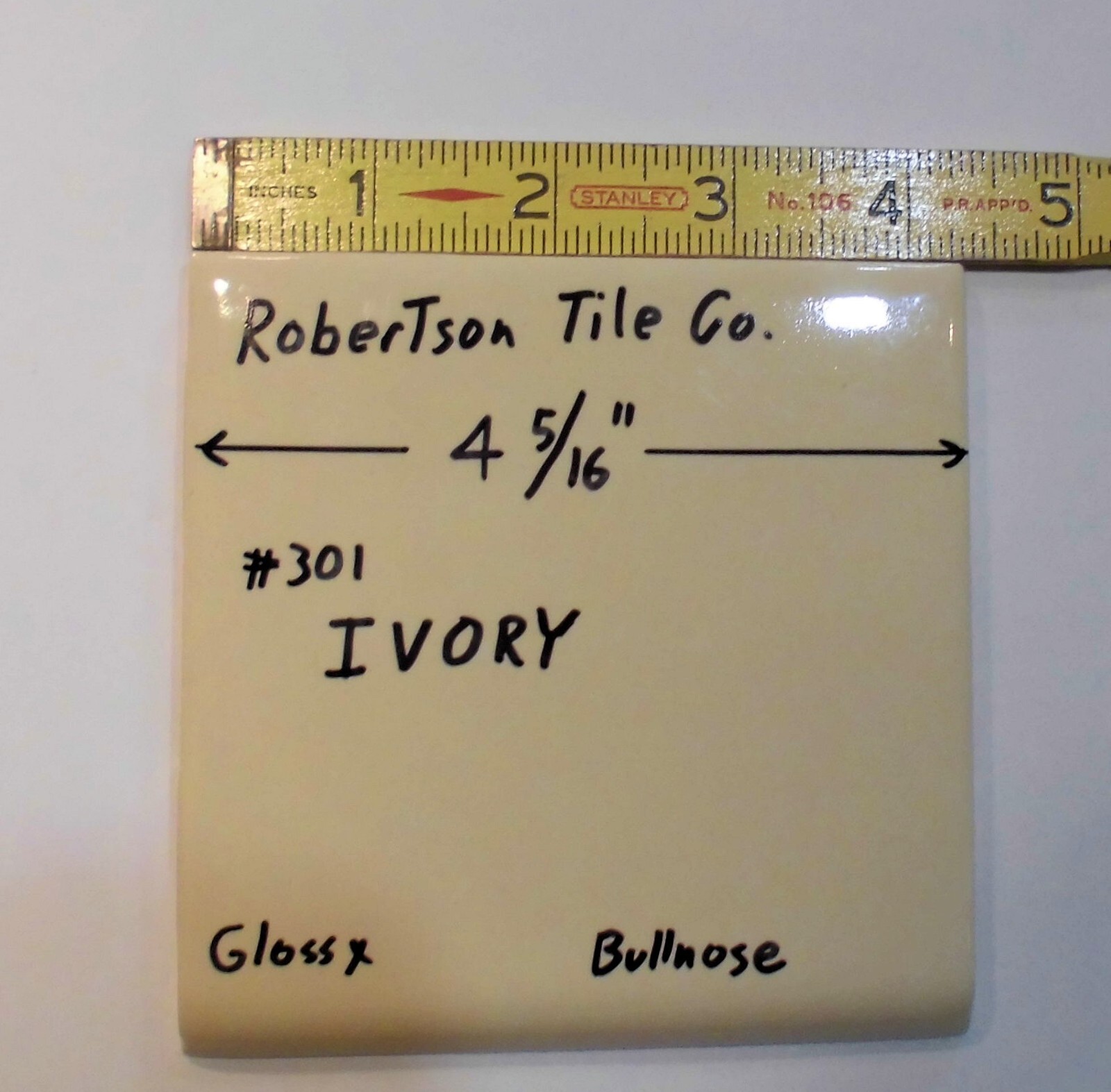 1 pc. Glossy Ceramic Bullnose Tile *Ivory* 4-5/16″ By Robertson Tile Co. New