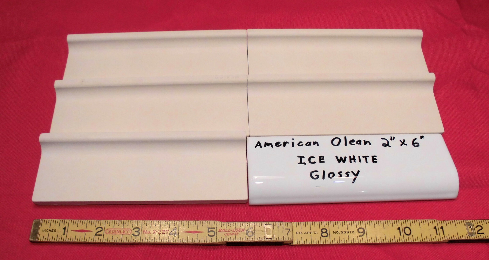 6 pcs. *Glossy Ice White* 2″ X 6″ X 5/8″ Ceramic Radius Bullnose Tiles; NEW