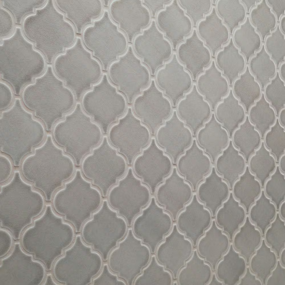 Dove Gray Arabesque 11 In. X 15 In. Crackled Glossy Ceramic Mosaic Kitchen & Bat