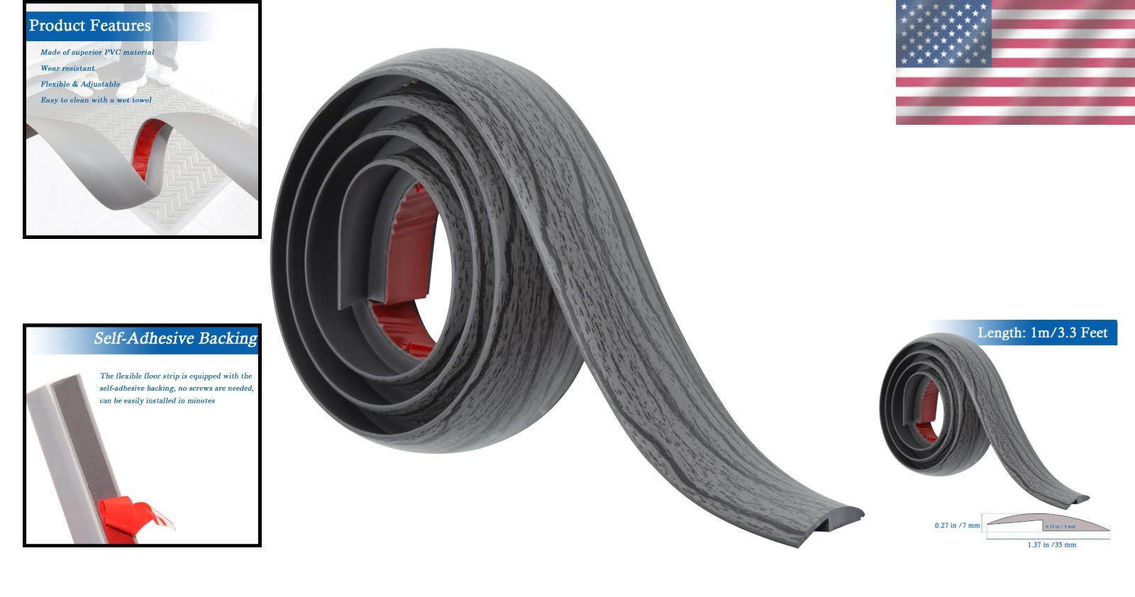 Flexible PVC Transition Strip – Self-Adhesive and Cuttable, 3.3Ft, Under 5mm