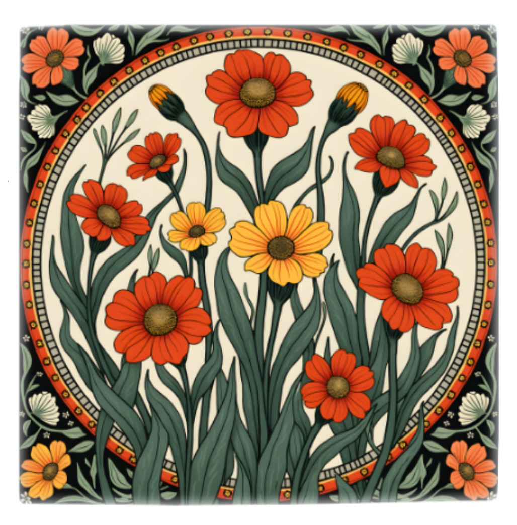 Floral Ceramic Tile 3 sizes Red Green Flowers 9 Printed in US