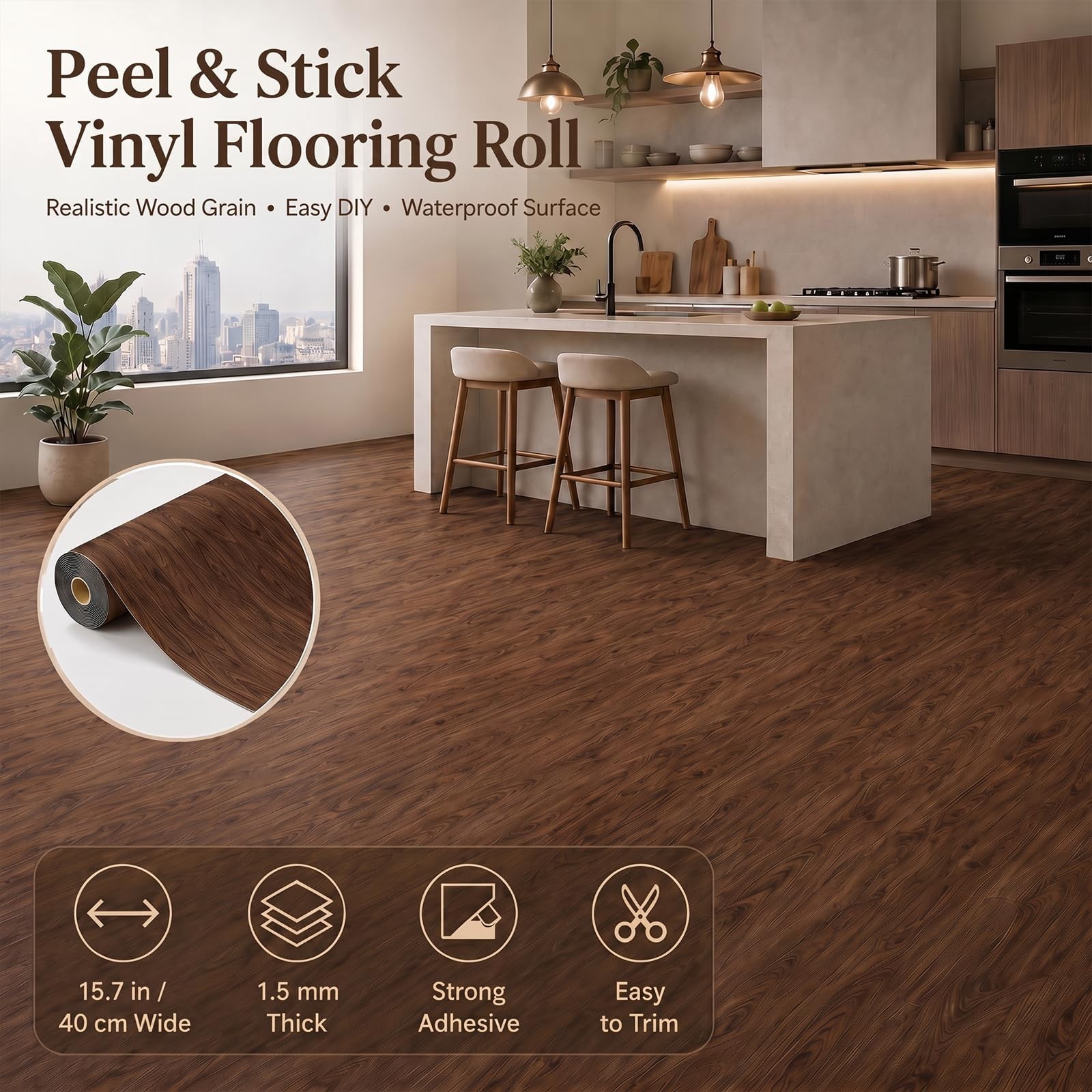 Peel and Stick Vinyl Flooring Roll 15.7″x 118″/12.9 Sq.Ft, Thicken Self Adhes…
