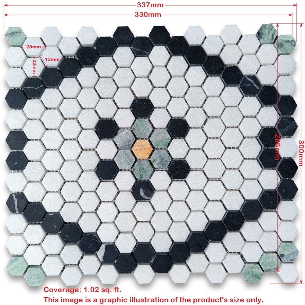T31F6XH Thassos White Marble Hexagon Snowflake Mosaic Tile Black Green Gold