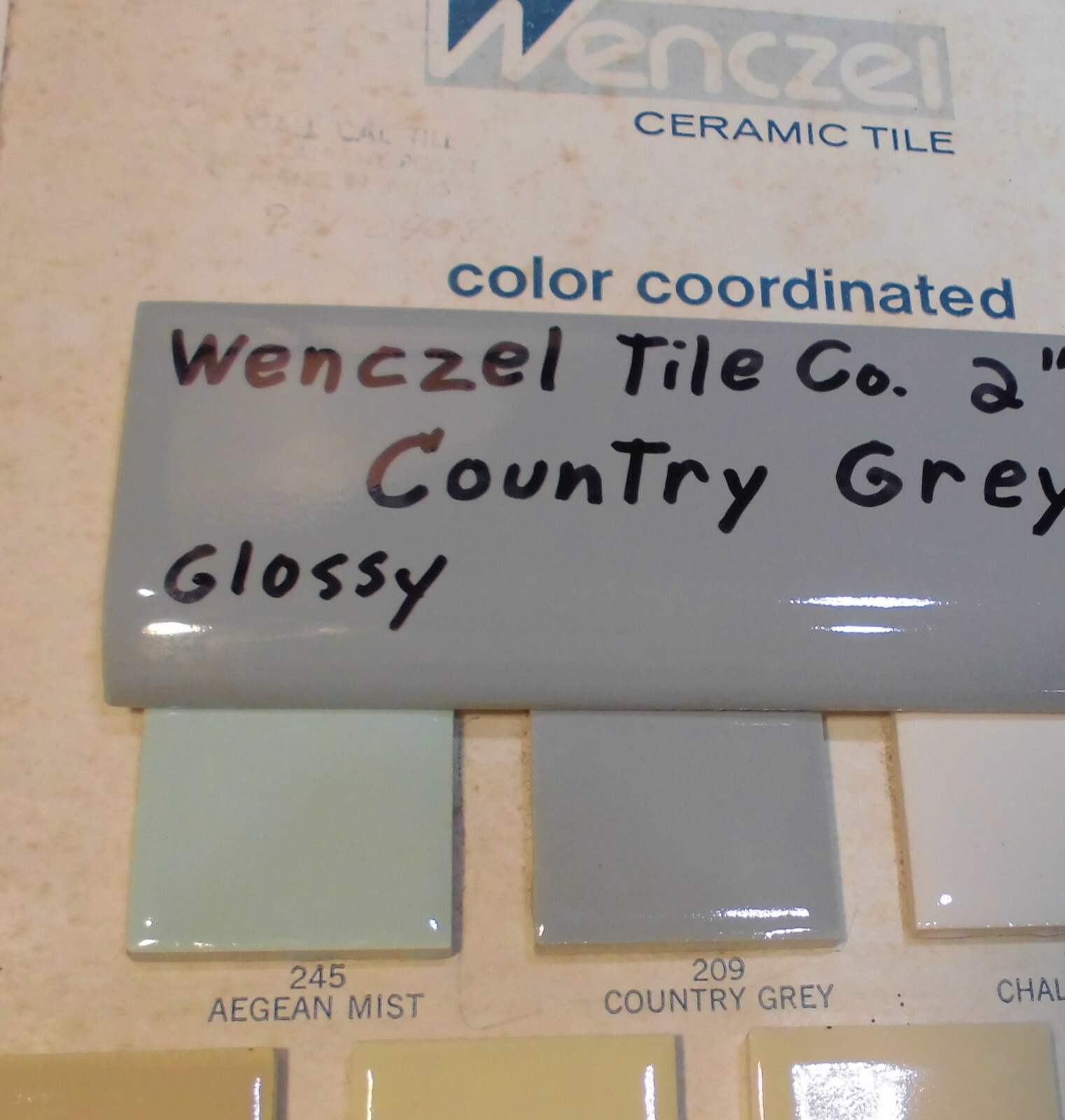 1 pc. Vintage Glossy *Country Gray* 2” X 6” Bullnose Ceramic Tile by Wenczel Co.