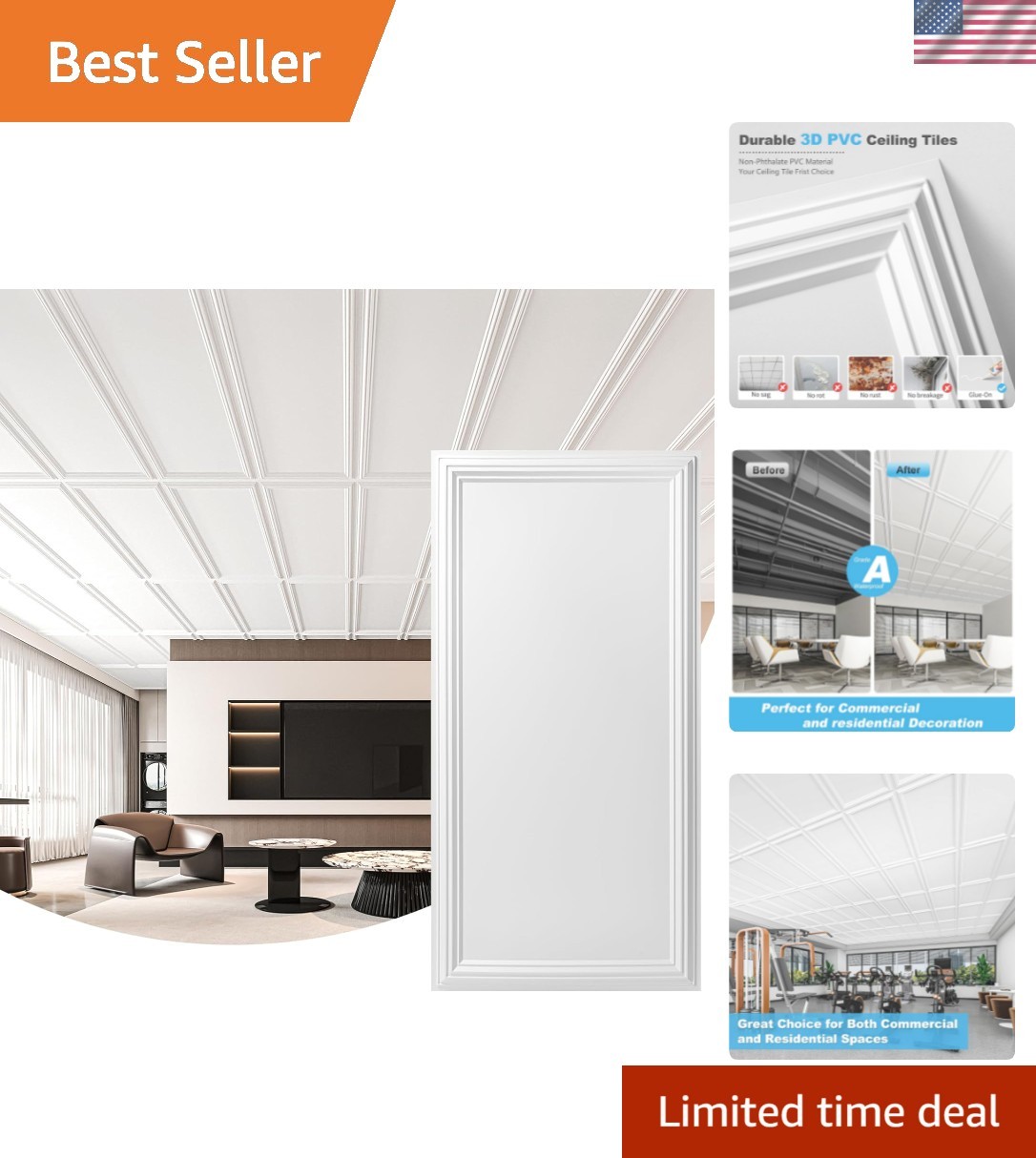 Drop Ceiling Tiles 48×24, Decorative PVC Ceiling Panels, Waterproof Rustproof…