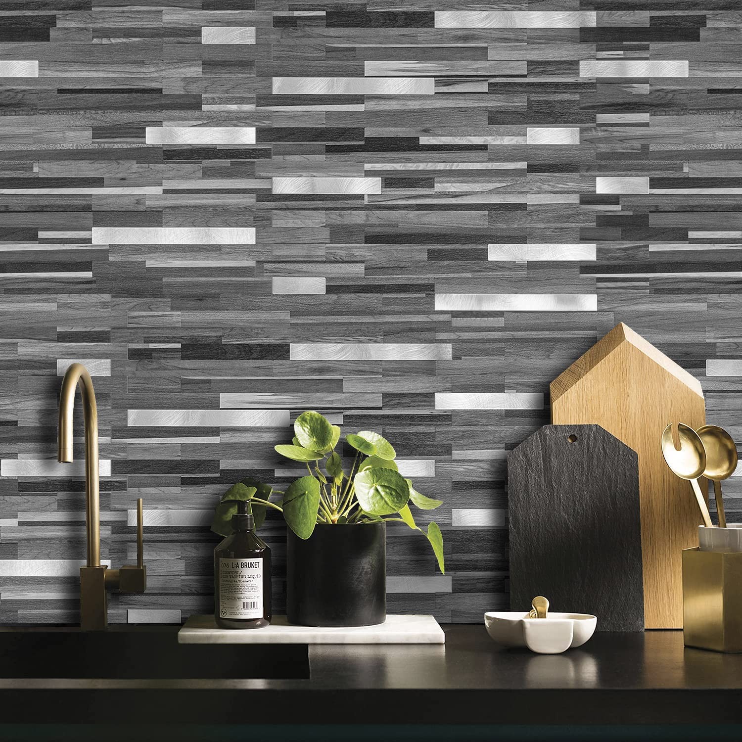 10-Sheet Peel and Stick Backsplash Tile, Black & Grey Wood Look PVC Mixed Met…