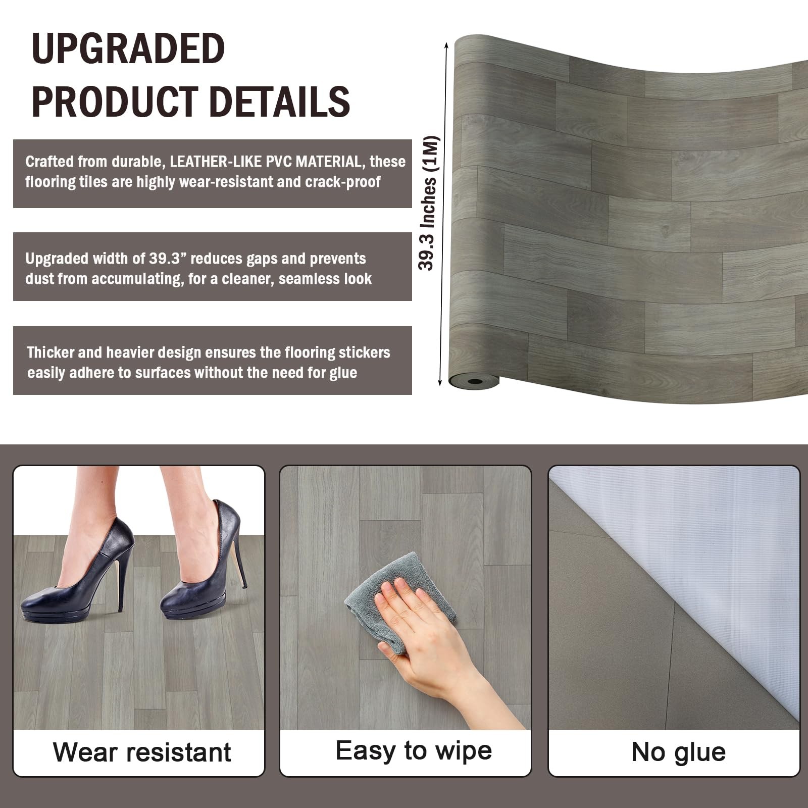 Oxdigi Vinyl Flooring Roll 53 3’4″W x 16’5″L (53 sq.ft), Blocky Grey Oak
