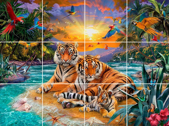 tigers tropical beach sunset parrots exotic flowers ceramic mural backsplash
