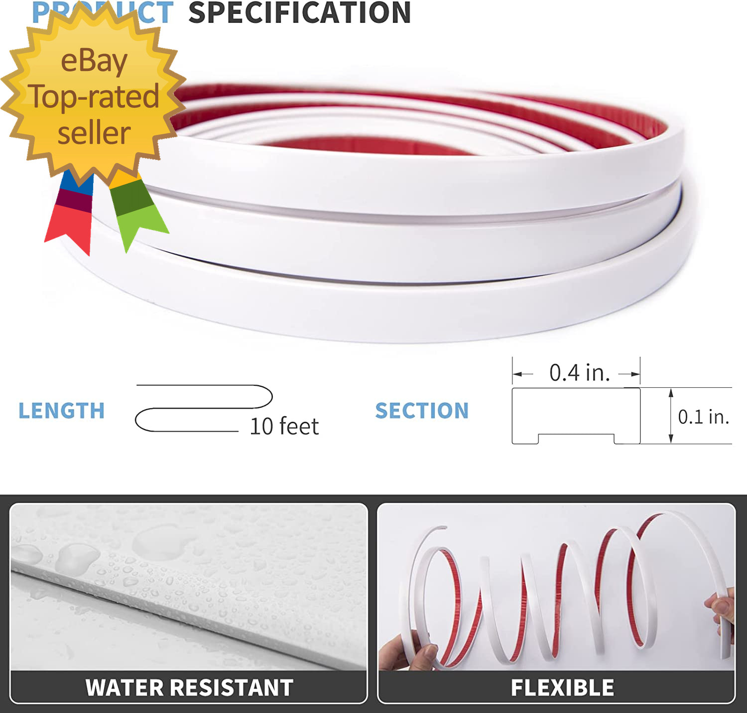 10 Ft Peel and Stick Flexible Vinyl Molding Trim for Wall Tile Edges, Kitchen Ba