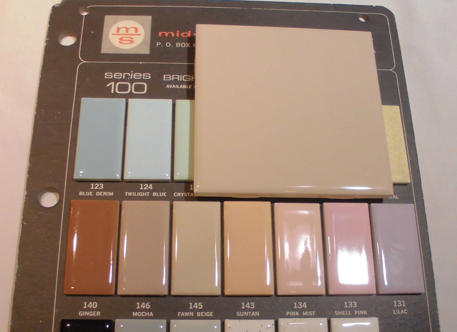 1 pc. *Fawn Beige* Glossy Ceramic Tiles by Mid-State “NOS” 4-3/8″ Peachy Tan