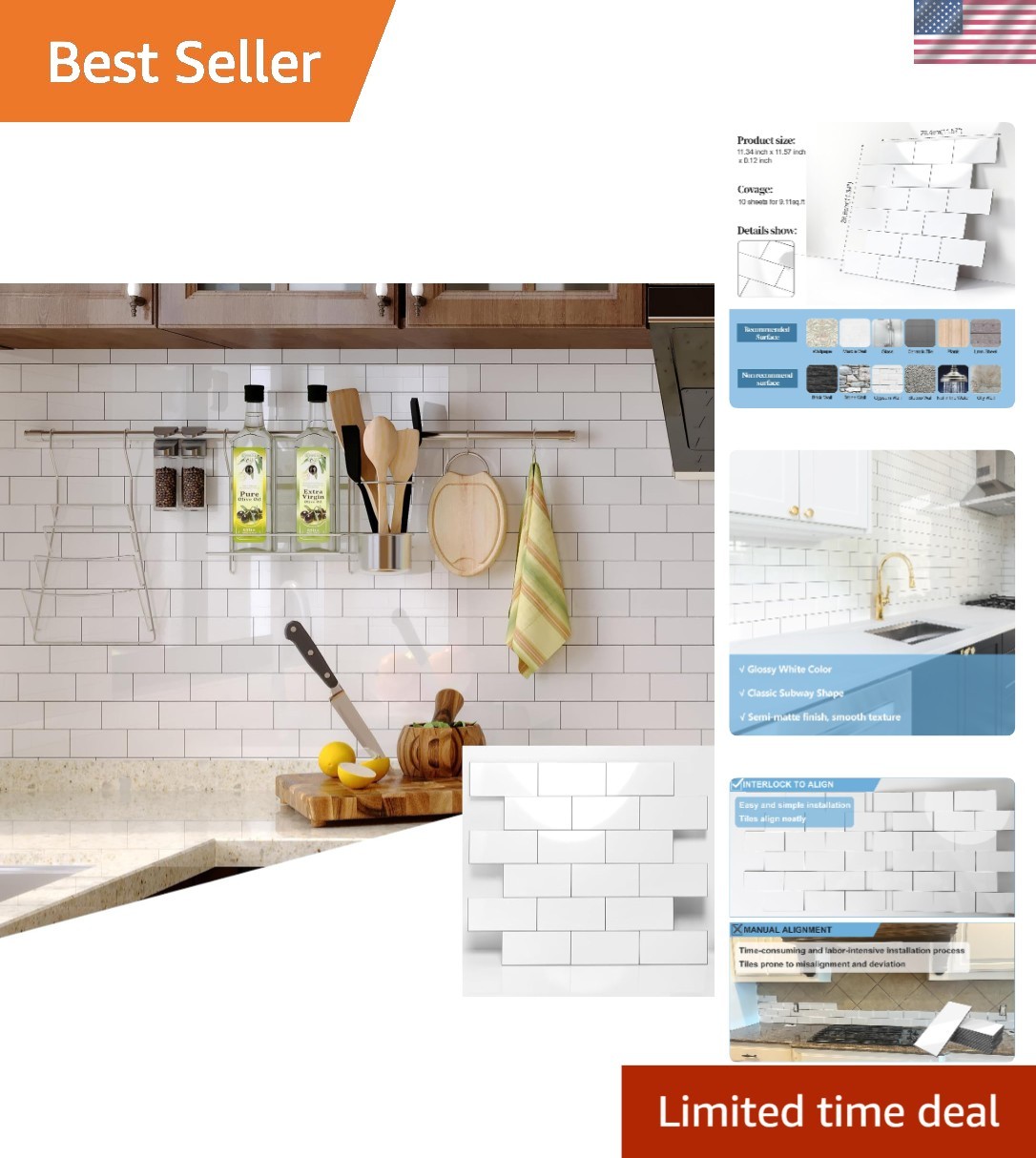 Elegant Peel and Stick Backsplash Tile 11.34″x11.57″ – 10 Pack in Glossy White