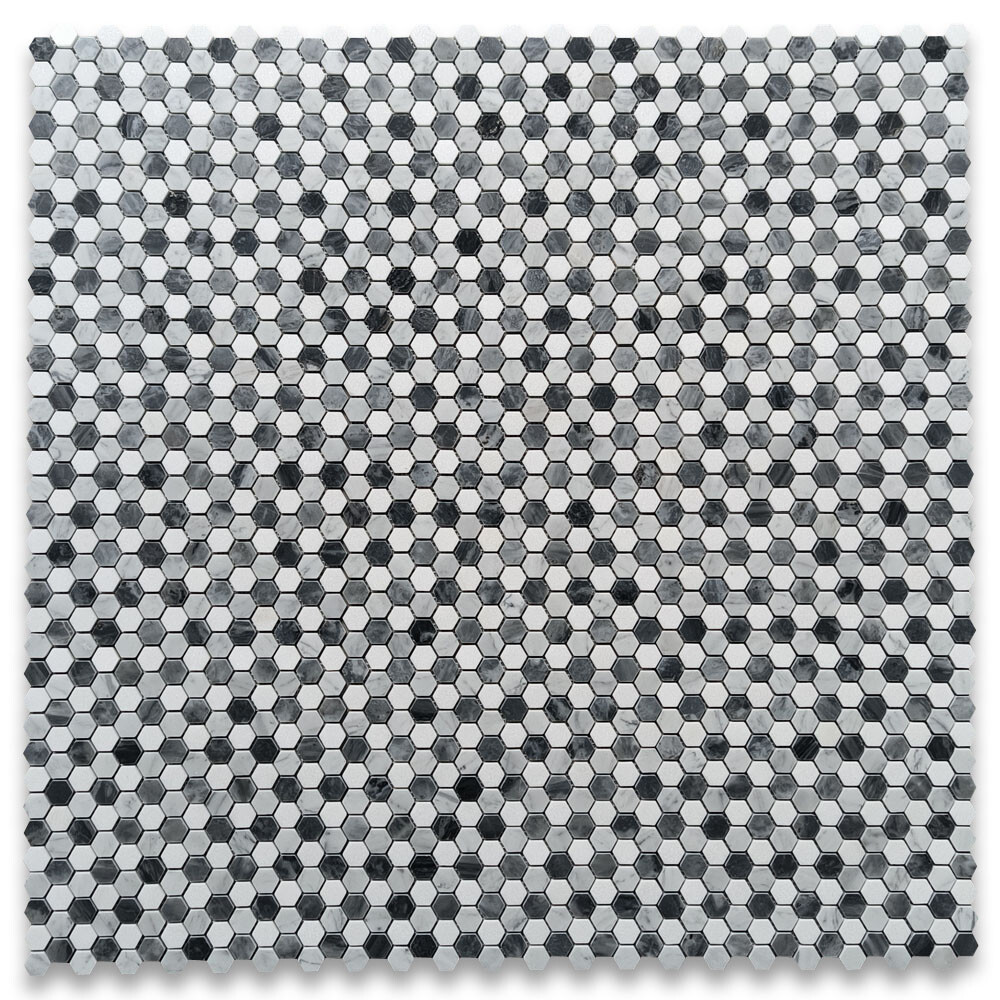 C31A7XP Carrara White Bardiglio Gray Thassos White Marble Hexagon Mosaic Tile