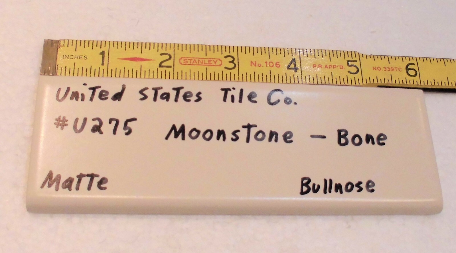 1 pc. Matte Bone: Bullnose Surface Flat Ceramic Tile #U-275 Moonstone, Made USA