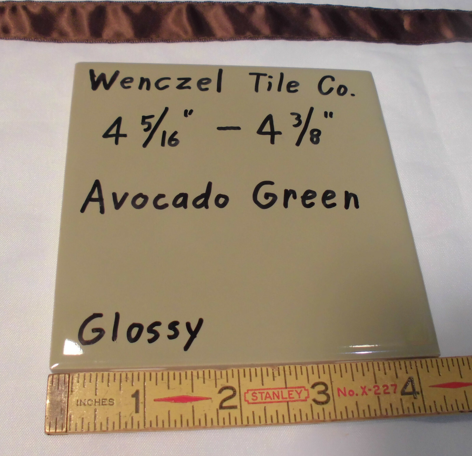 1 pc. *Avocado-Olive-Green* Glossy Ceramic Tile; Wenczel Co. 4-5/16″- 4-3/8″