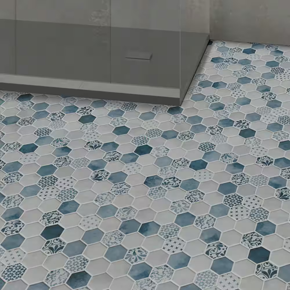 Concrete Blue Hexagon 11.7X10.2In. Mosaic Backsplash. Recycled Glass Cement Look