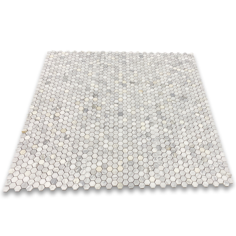 L31XH 1″ Hexagon Statuary Statuario White Italian Marble Mosaic Tile Honed