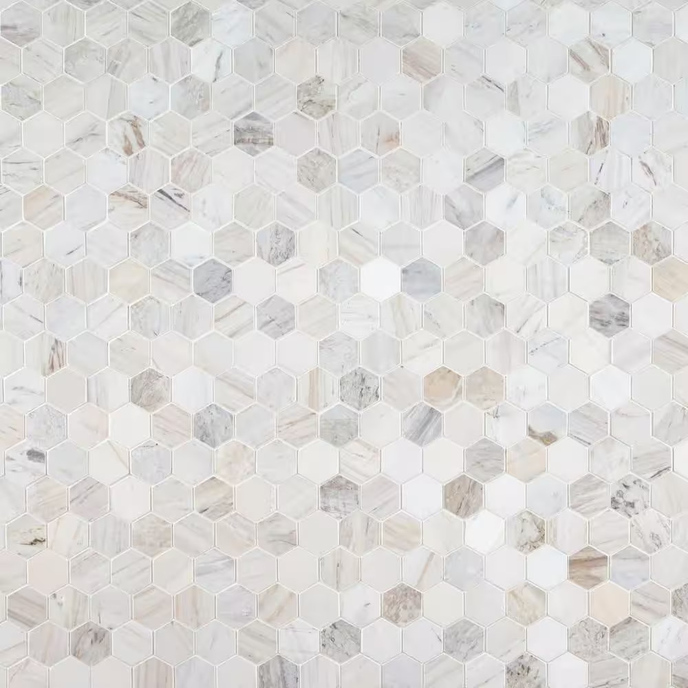 Angora 2 In. Hex 12 In. X 12 In. X 0.38 In. Polished Marble Mesh Mounted Mosaic