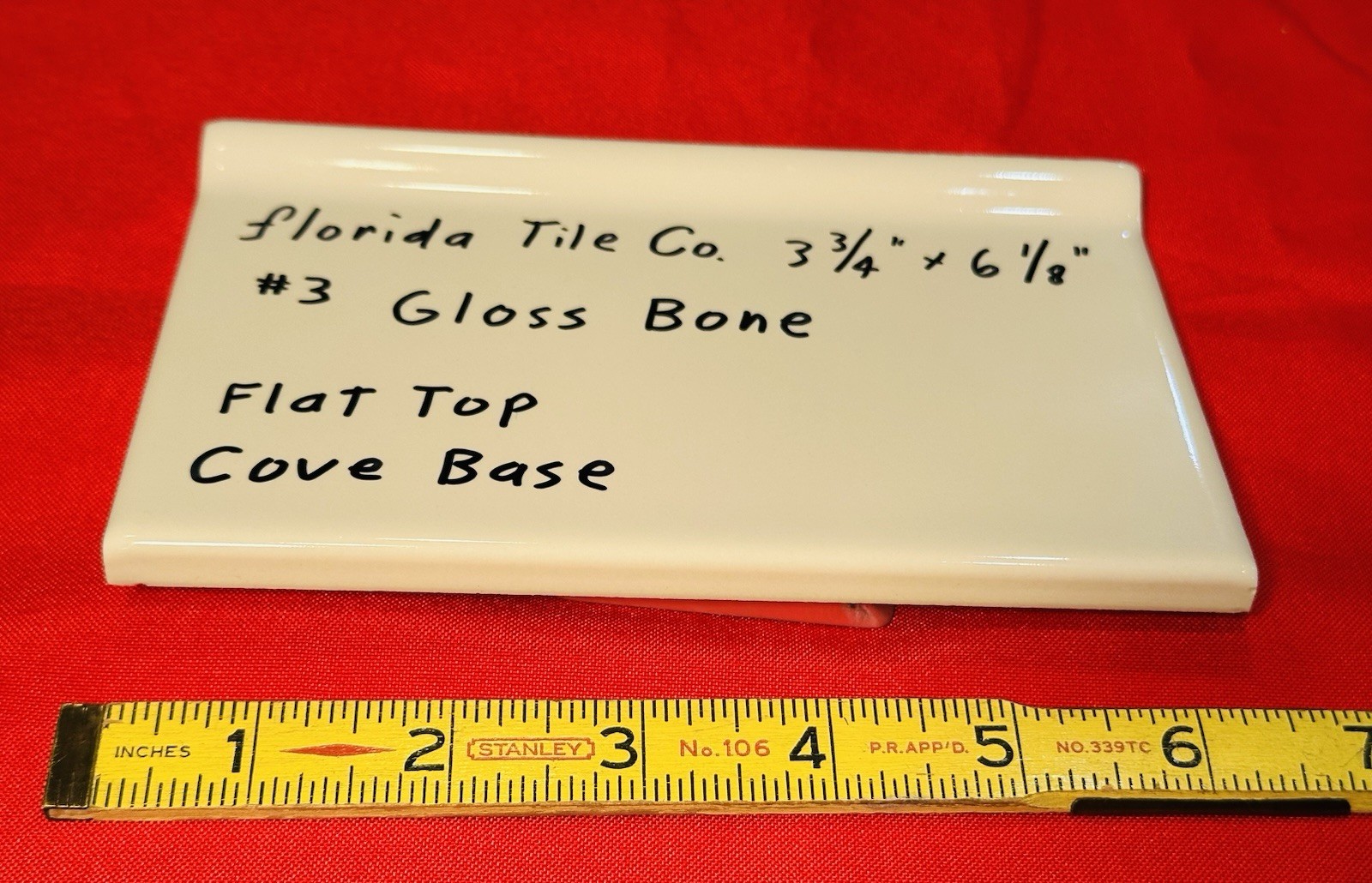 1 pc. Gloss Bone: 3-3/4″ X 6-1/8″ Ceramic Cove Base Tile, florida Co. Flat Top
