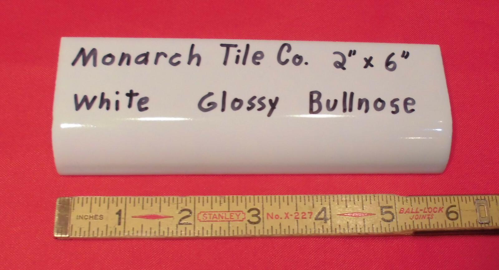 1 pc. Glossy White; 2″ X 6″ Ceramic Radius Bullnose Tile; New Mud Caps; Monarch