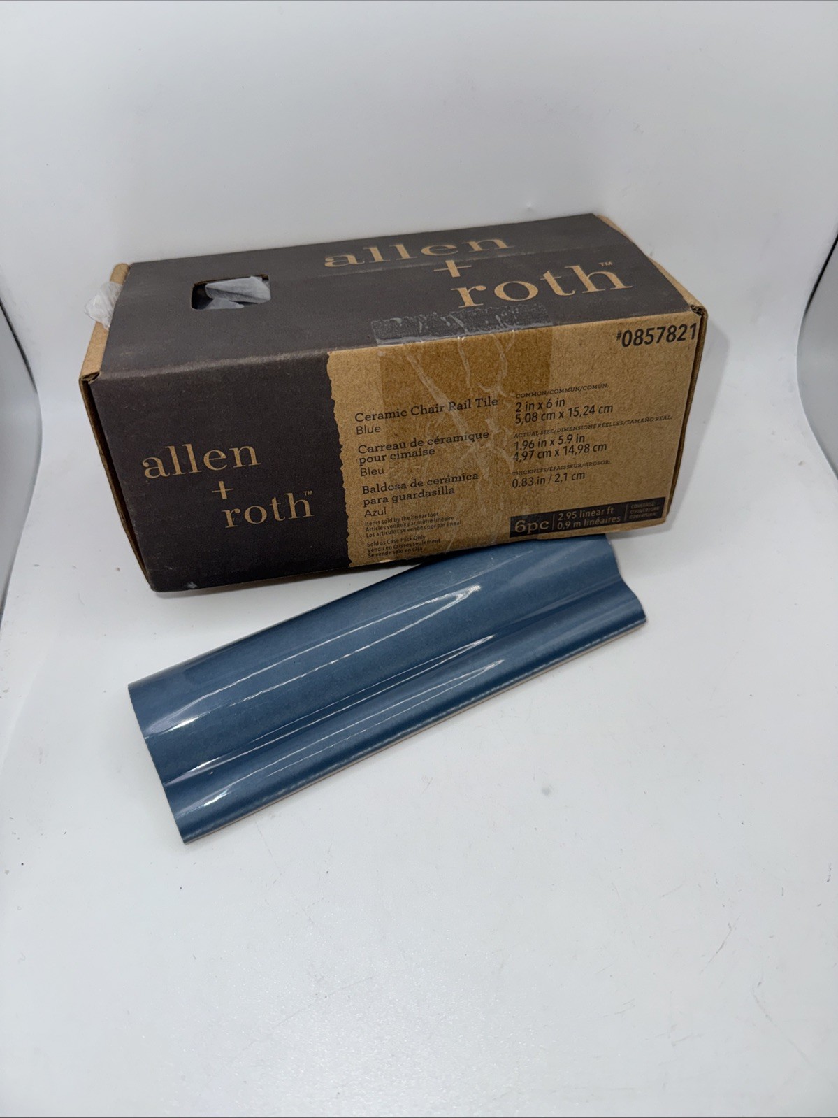 BOX of 6 Allen + Roth BLUE Glazed Glossy Ceramic Chair Rail Wall Tile 2″ x 6″