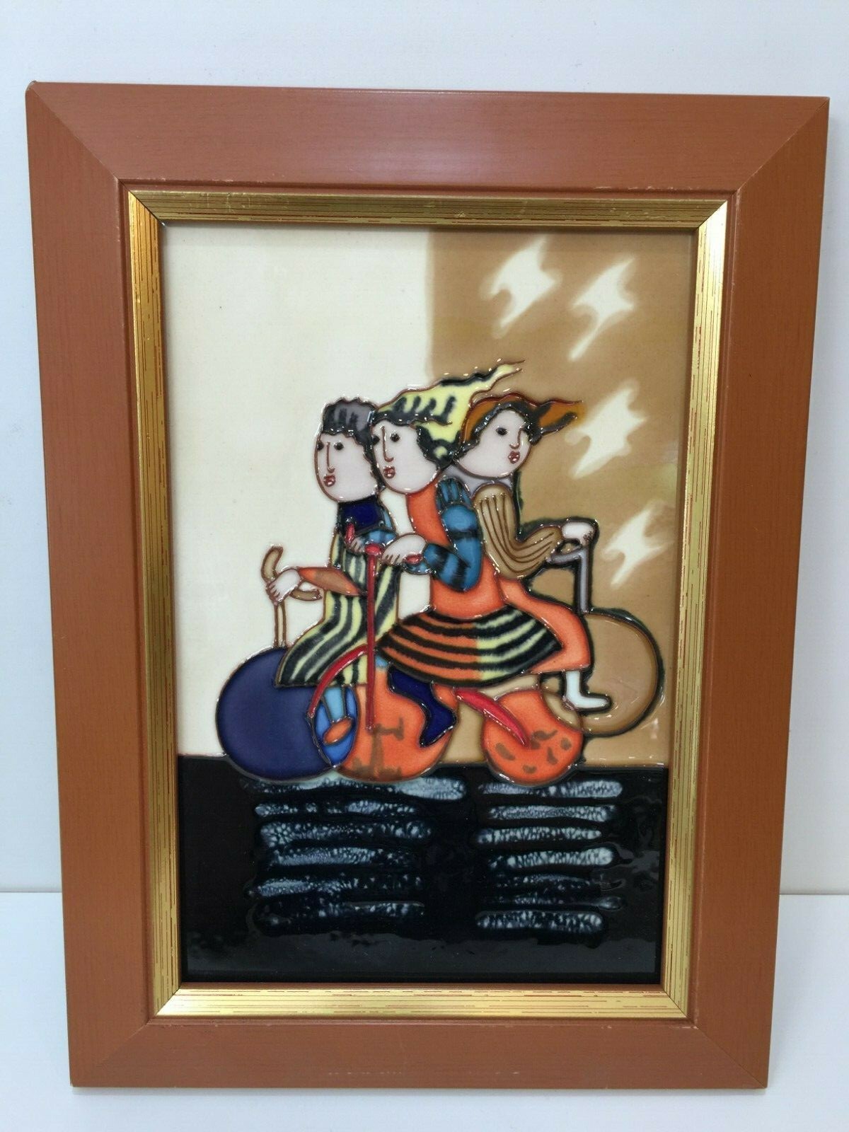 3 Kids Riding Bicycle Handpainting Ceramic Tile Art, Framed, 7 1/2″ x 11 1/2″