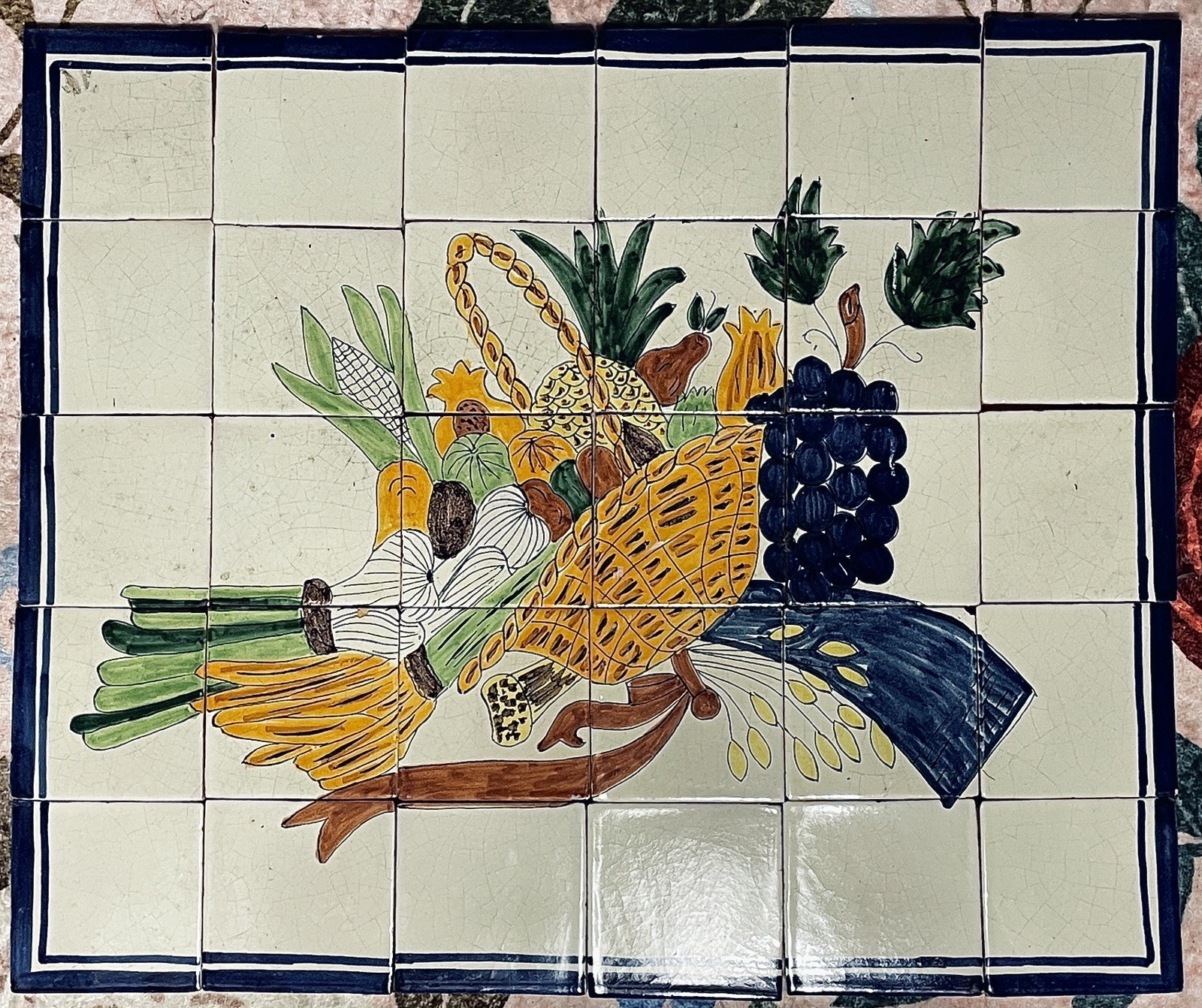 Vintage Mexican Talavera TILE MURAL Backsplash Fruit Basket 24”x20”