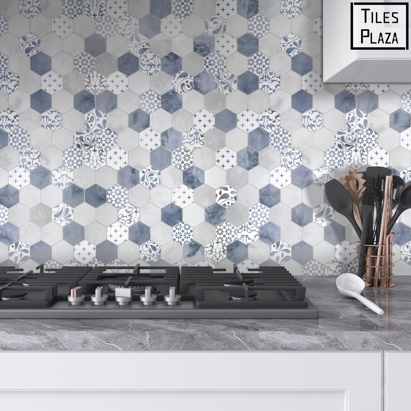 10-Sheet Peel and Stick Backsplash, Blue Cement Hexagon Stone Composite Marbl…