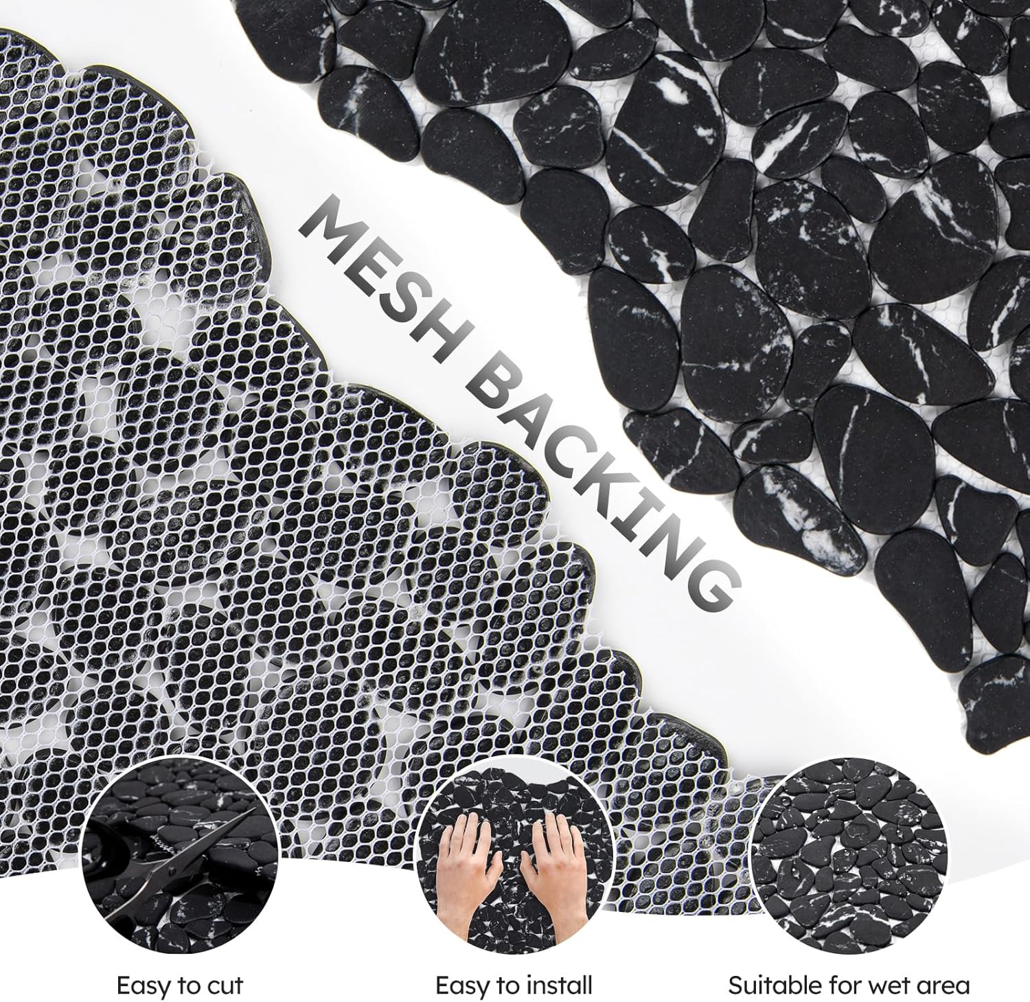 Elegant Black Marble Veins Pebble Tile for Shower & Bathroom Décor