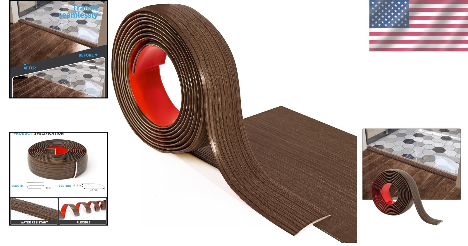 High-Quality 10 FT Vinyl Floor Transition Strip in Brown – Multi-Application Use