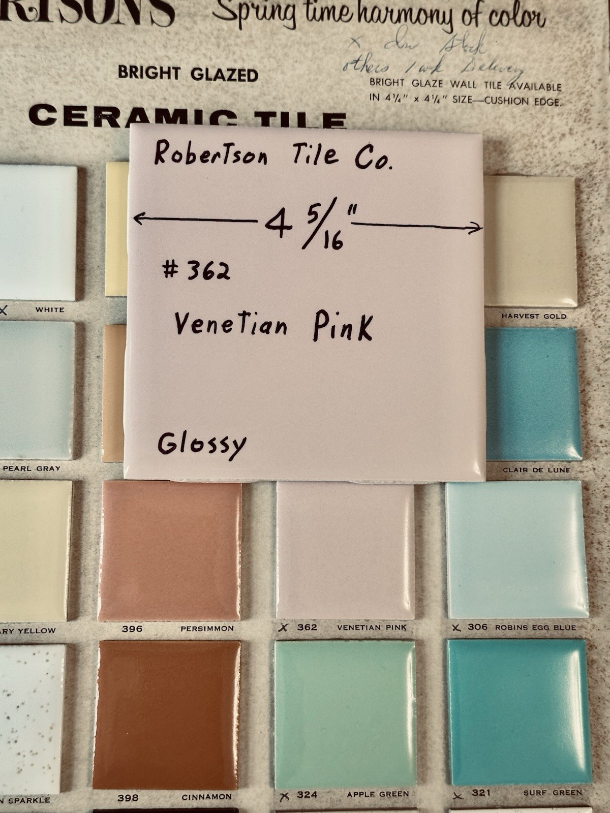 1 pc. Venetian Pink: 4-5/16″ Glossy Ceramic Tile, #362 by Robertson Tile Co. NOS