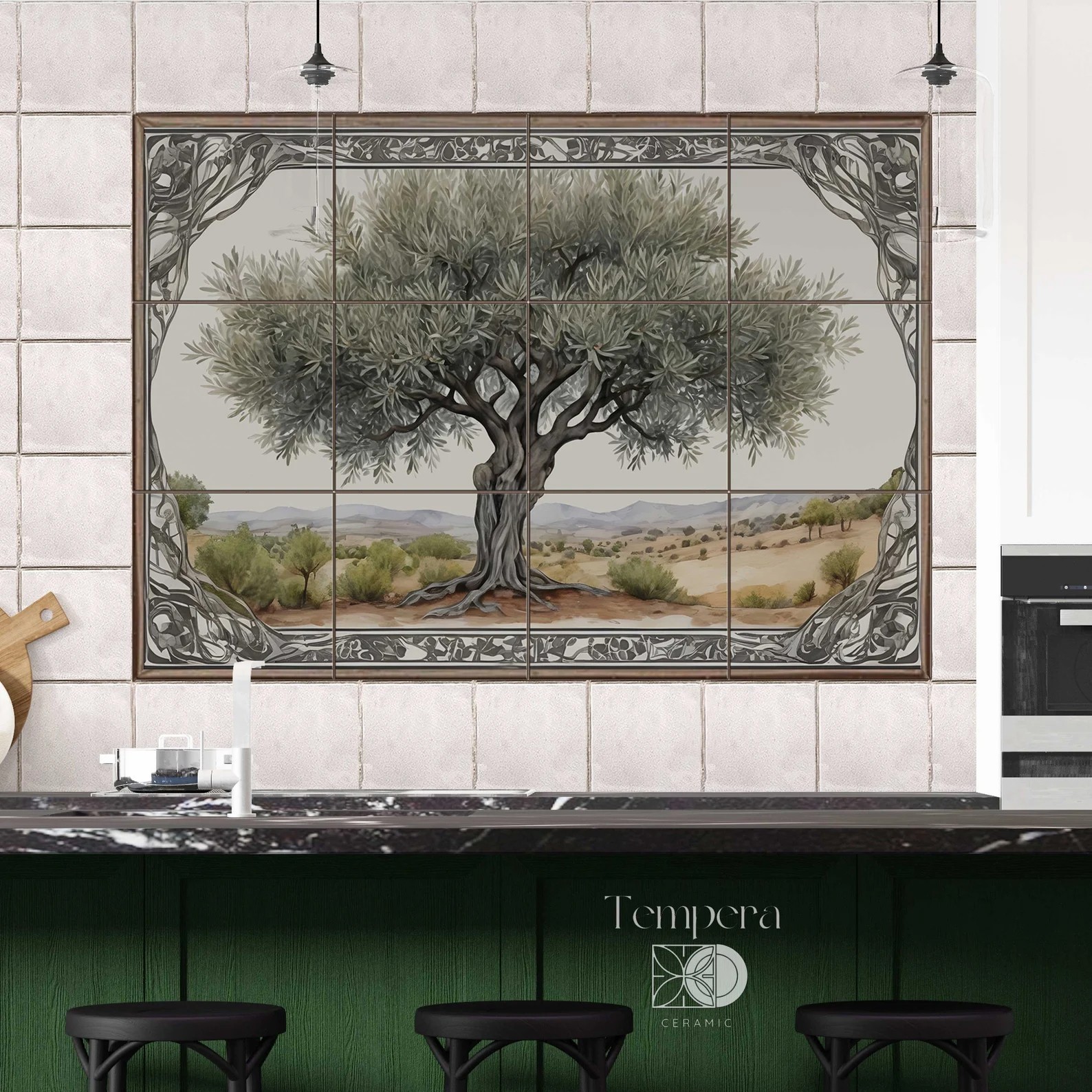 Mediterranean olive tree tiles backsplash, kitchen tile tree design, stove tiles