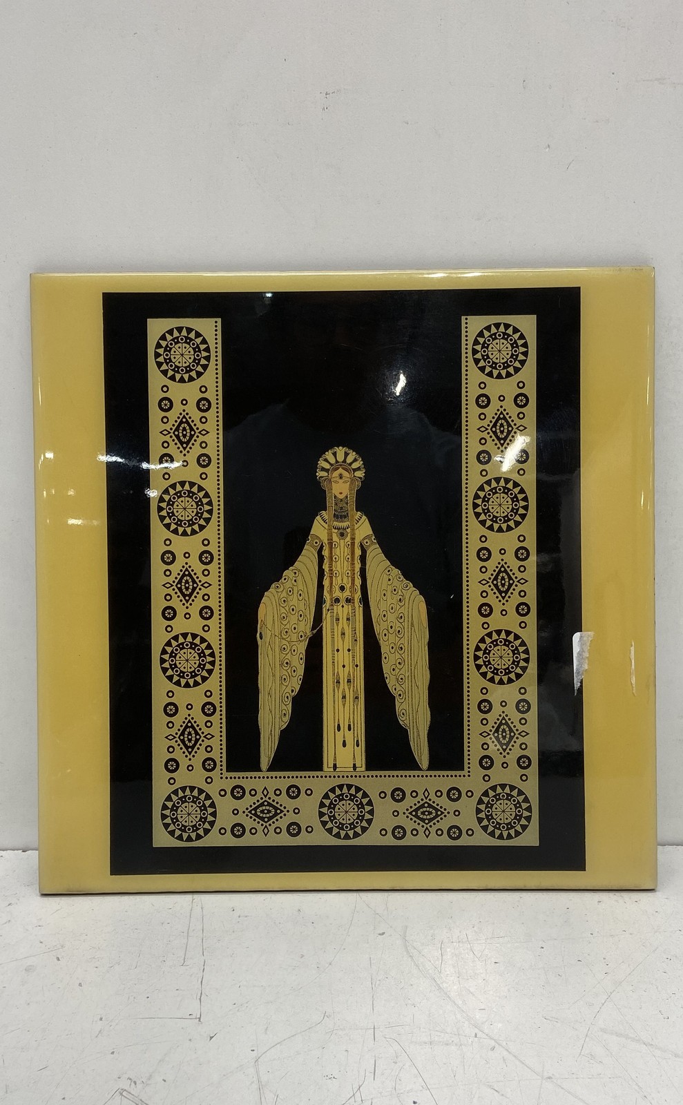 Art Deco Erte Style Winged Figure Glazed Ceramic Tile Art 13×13 Unsigned Mexico