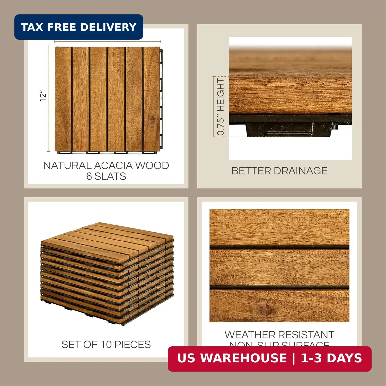 THYOI Premium Deck Tiles, Patio Flooring – Set 10 Pcs 12″x12″x0.9″ Interlocking