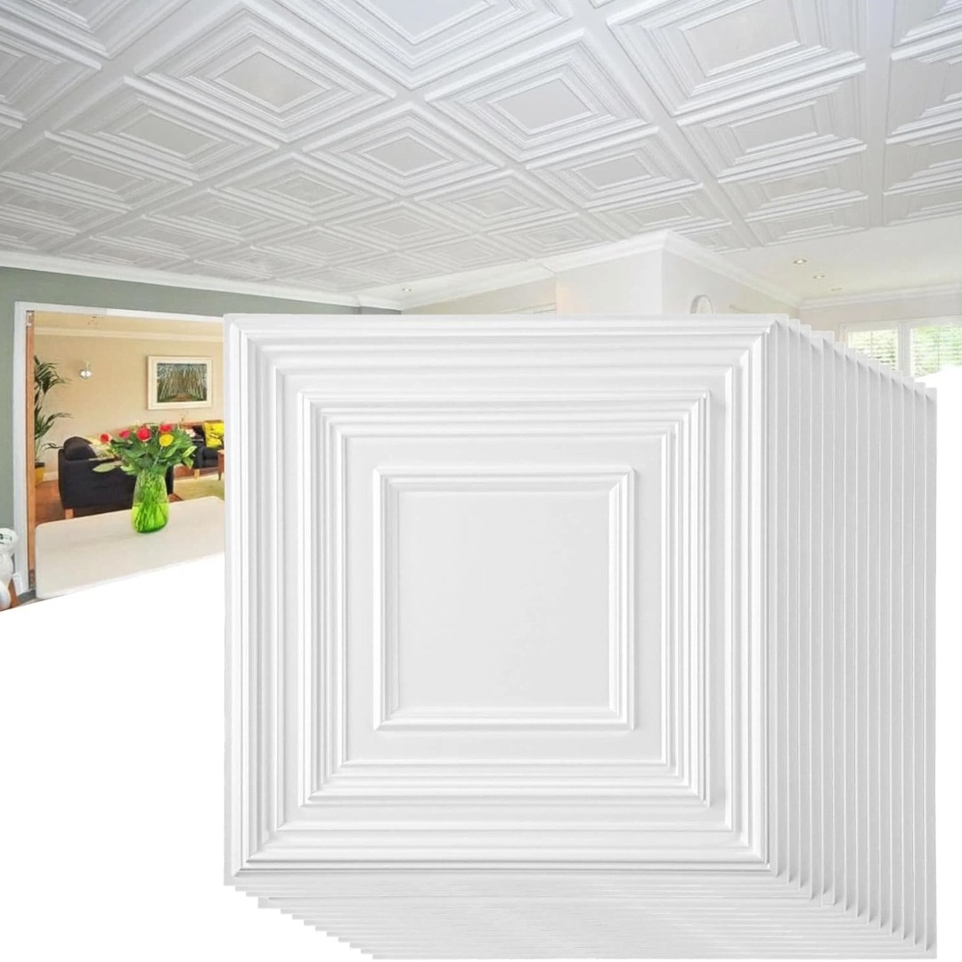 12 Pcs 24×24 Inch PVC Waterproof Drop Ceiling Tiles for Home Décor Ceiling Panel