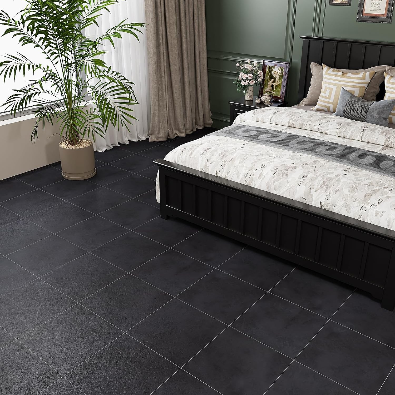 12″x12″ Black Peel and Stick Floor Tiles Black Concrete Vinyl Flooring Tiles
