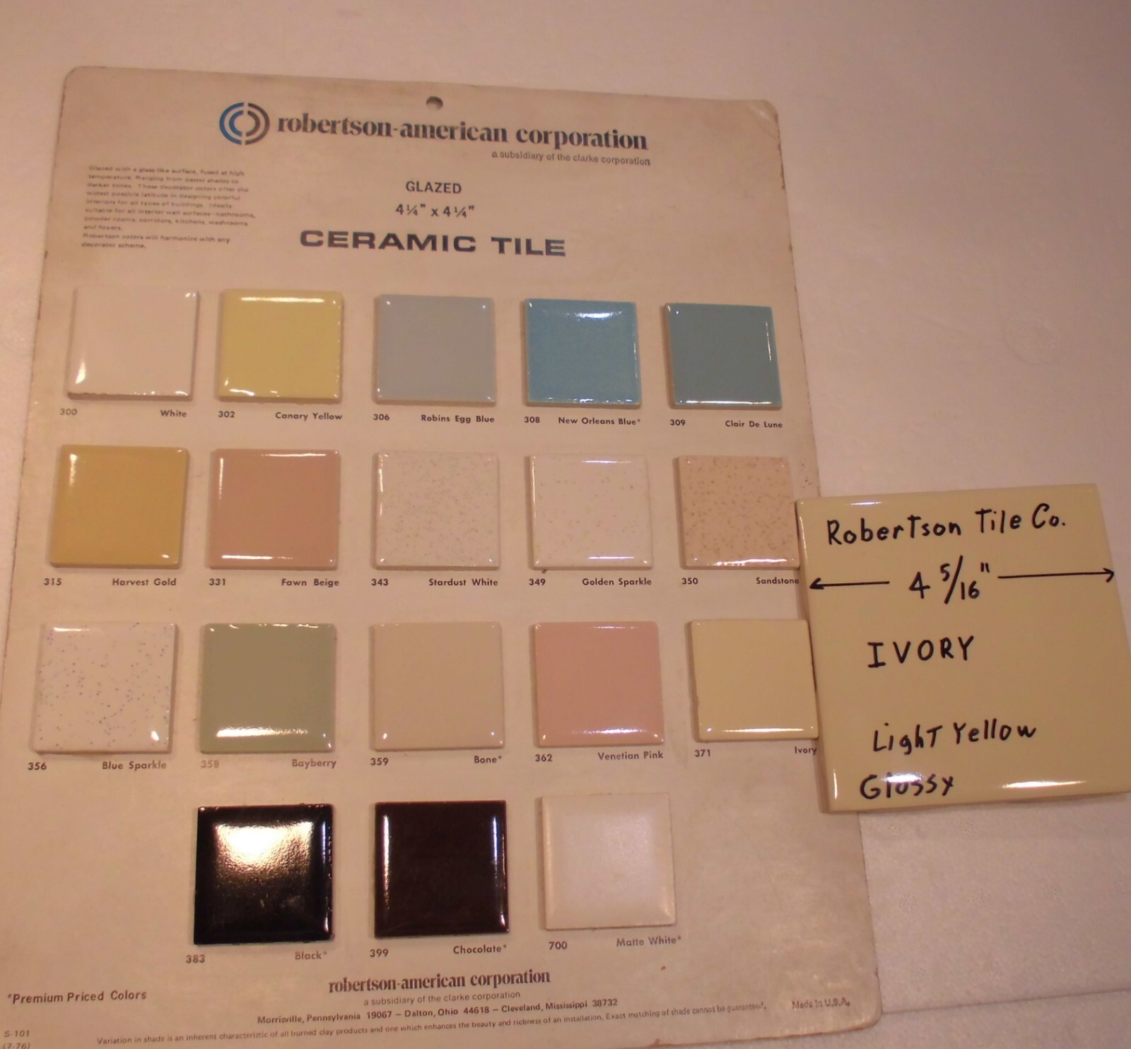1 pc. Ivory – Light Yellow: 4-5/16″ Glossy Ceramic Tile by Robertson Co. NEW