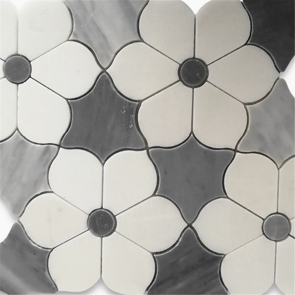 T9E7XP Thassos & Gray Marble Waterjet Magnolia Flower Accent Tile Polished