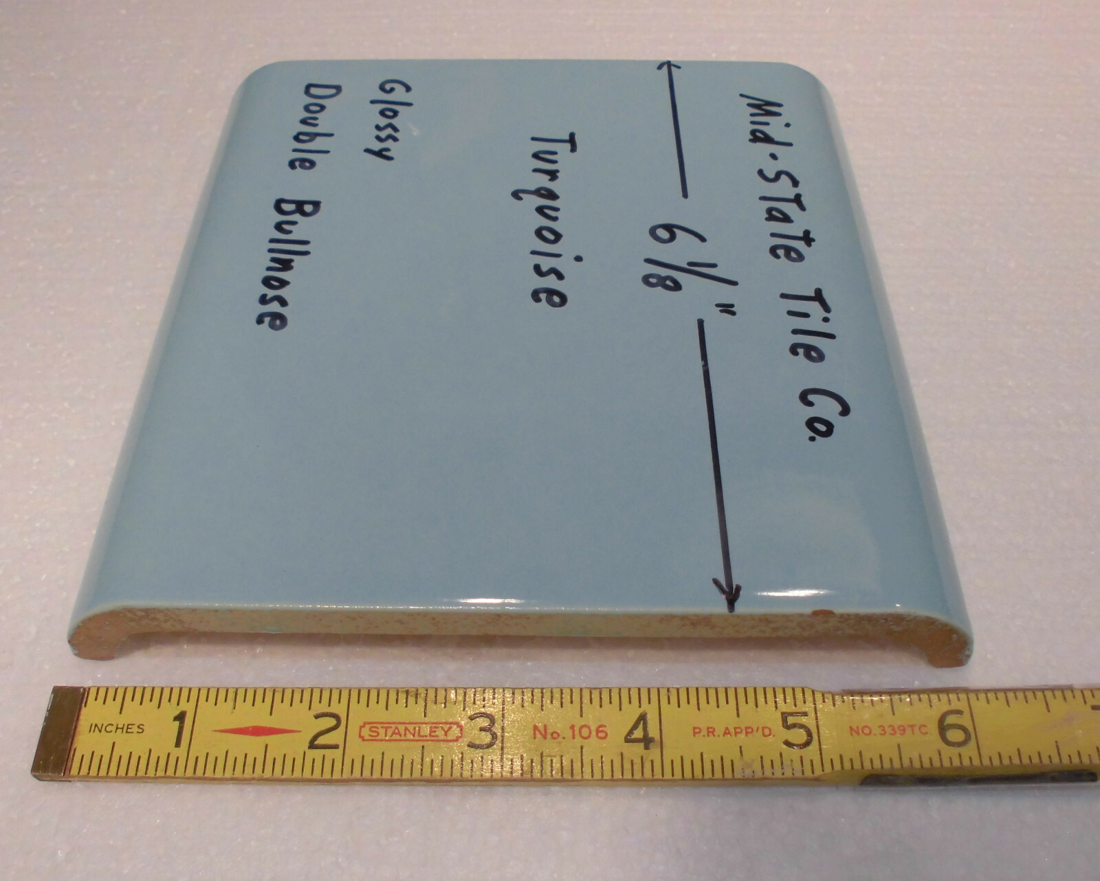 1 pc. Turquoise 6″ x 6″ Double Radius Bullnose Glossy Ceramic Tile: made 1950’s