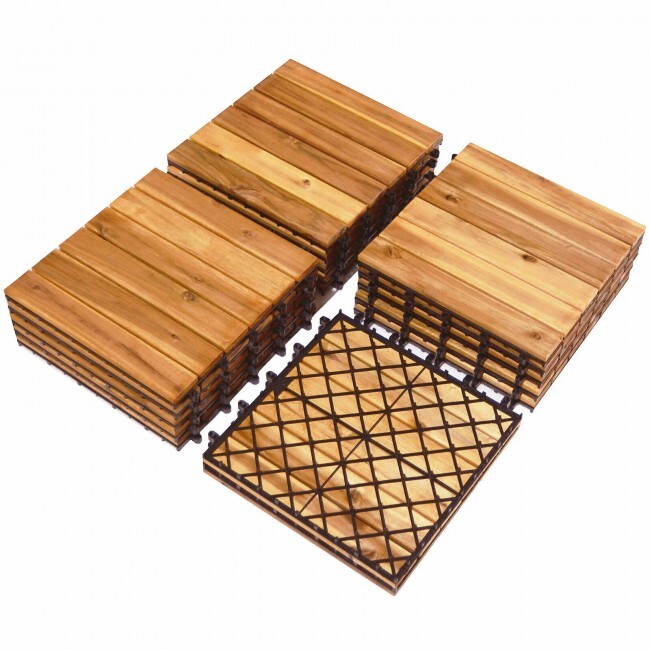 Costway 27PCS 12″ x 12″ Acacia Wood Deck Tiles Interlocking Patio Stripe Pattern