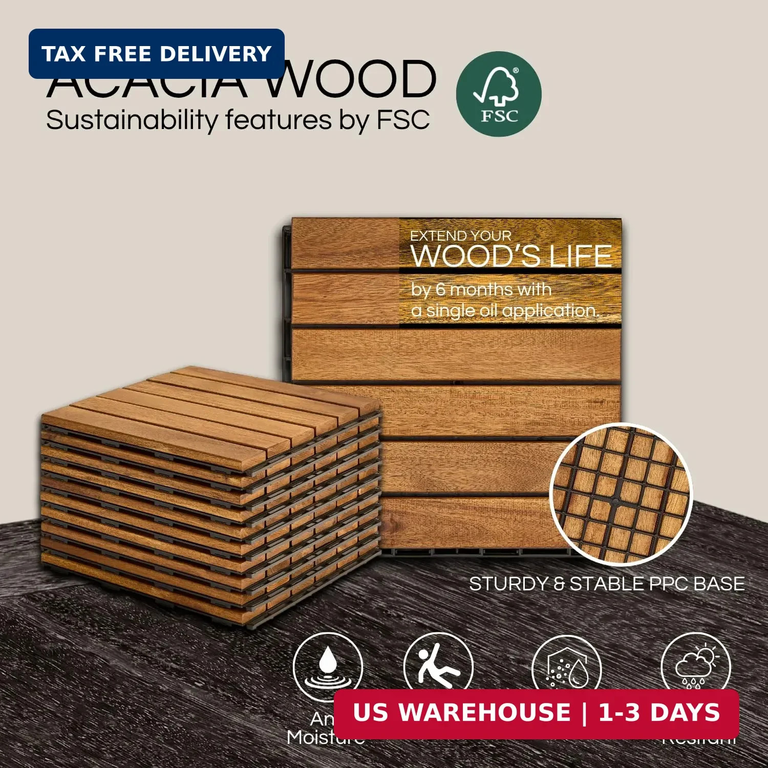 THYOI Premium Deck Tiles, Patio Flooring – Set 10 Pcs 12″x12″x0.9″ Interlocking